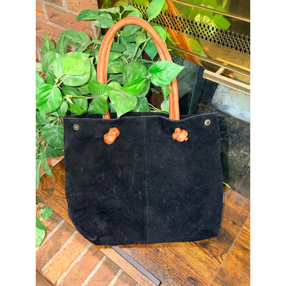 NorthStyle Tote Bag Women Black Suede Leather Tan Straps Knotted Detail Large